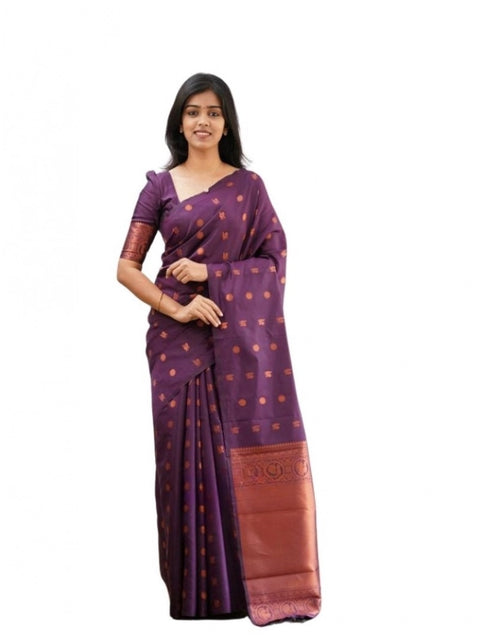 Women's Soft Lichi Silk Printed Saree With Unstitched Blouse 5.5Mtr (Purple)