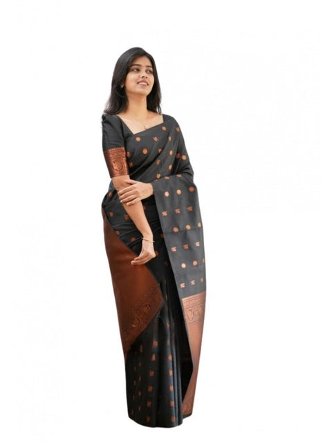 Women's Soft Lichi Silk Printed Saree With Unstitched Blouse 5.5Mtr (Black)