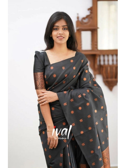 Women's Soft Lichi Silk Printed Saree With Unstitched Blouse 5.5Mtr (Black)