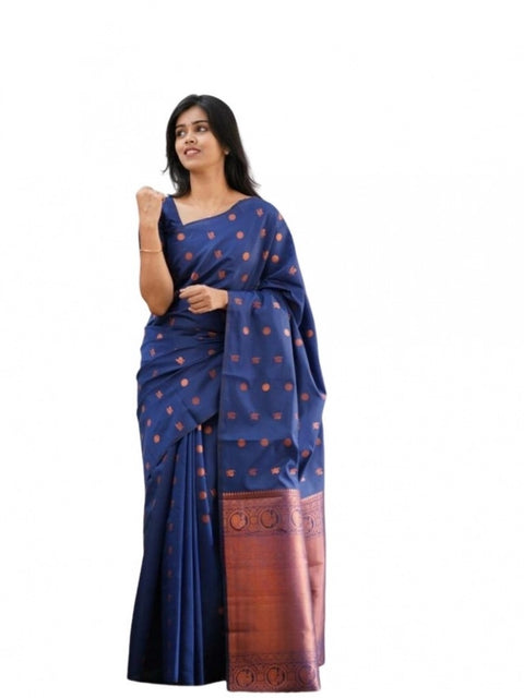Women's Soft Lichi Silk Printed Saree With Unstitched Blouse 5.5Mtr (Blue)