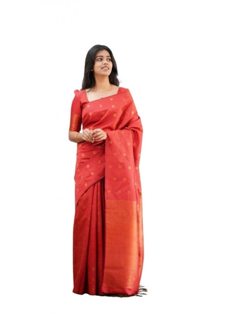 Women's Soft Lichi Silk Printed Saree With Unstitched Blouse 5.5Mtr (Red)