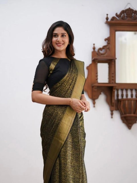 Women's Soft Lichi Silk Printed Saree With Unstitched Blouse 5.5Mtr (Green)