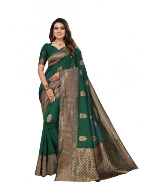 Women's Soft Lichi Silk Printed Saree With Unstitched Blouse 5.5Mtr (Green)