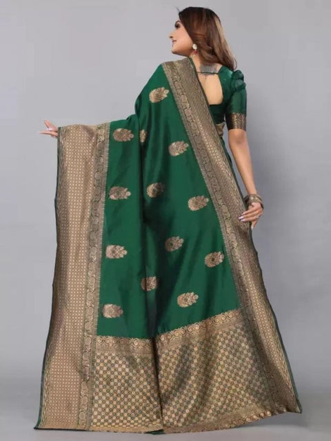 Women's Soft Lichi Silk Printed Saree With Unstitched Blouse 5.5Mtr (Green)