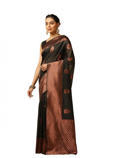 Women's Soft Lichi Silk Printed Saree With Unstitched Blouse 5.5Mtr (Black)