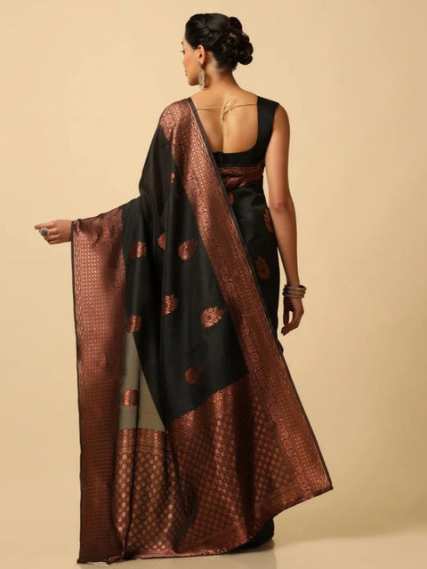 Women's Soft Lichi Silk Printed Saree With Unstitched Blouse 5.5Mtr (Black)
