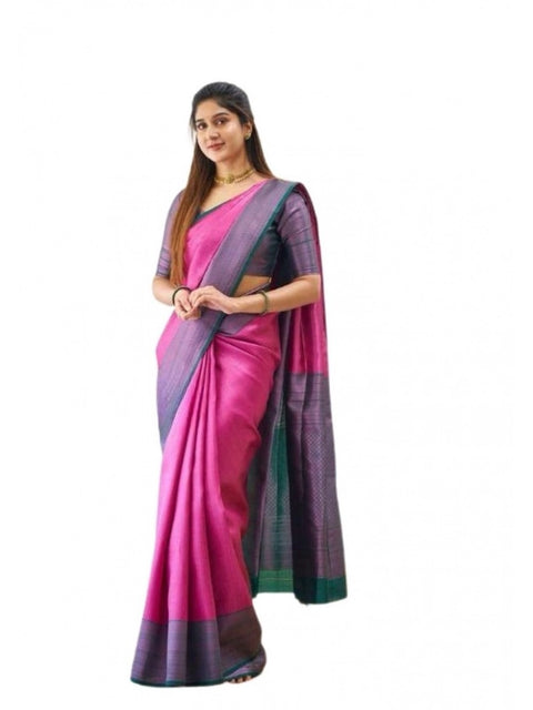 Women's Soft Lichi Silk Printed Saree With Unstitched Blouse 5.5Mtr (Pink)