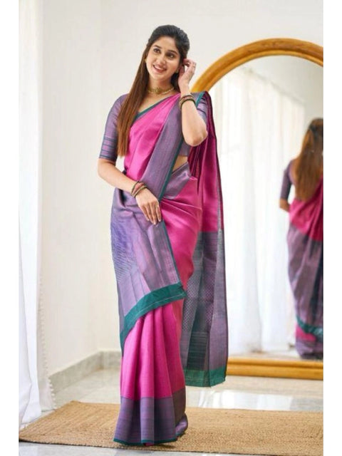Women's Soft Lichi Silk Printed Saree With Unstitched Blouse 5.5Mtr (Pink)