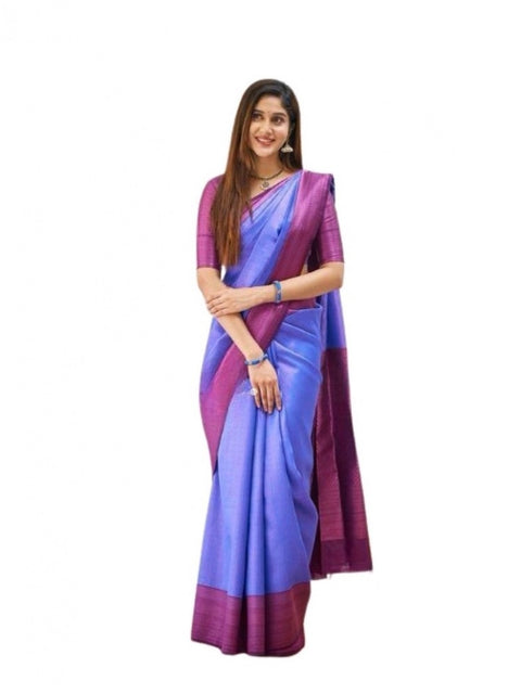 Women's Soft Lichi Silk Printed Saree With Unstitched Blouse 5.5Mtr (Blue)