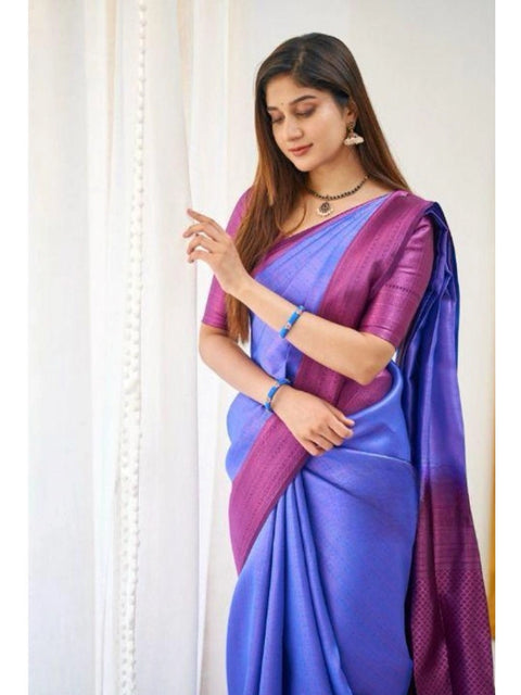 Women's Soft Lichi Silk Printed Saree With Unstitched Blouse 5.5Mtr (Blue)