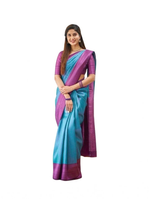 Women's Soft Lichi Silk Printed Saree With Unstitched Blouse 5.5Mtr (Sky-Blue)