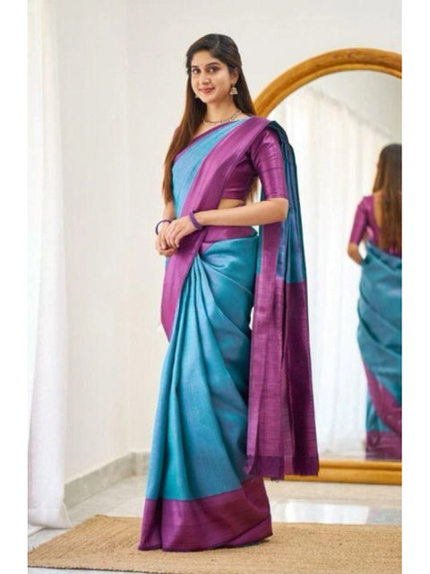 Women's Soft Lichi Silk Printed Saree With Unstitched Blouse 5.5Mtr (Sky-Blue)