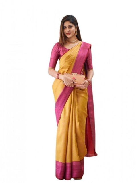 Women's Soft Lichi Silk Printed Saree With Unstitched Blouse 5.5Mtr (Mustard )
