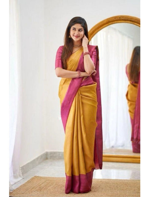 Women's Soft Lichi Silk Printed Saree With Unstitched Blouse 5.5Mtr (Mustard )