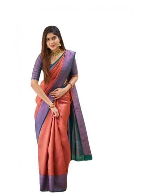 Women's Soft Lichi Silk Printed Saree With Unstitched Blouse 5.5Mtr (Orange)