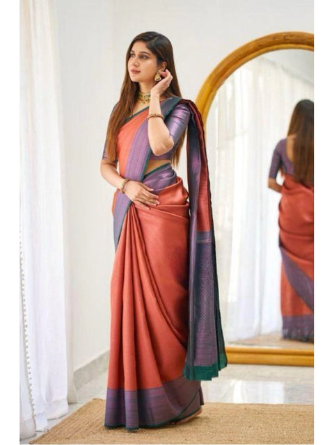 Women's Soft Lichi Silk Printed Saree With Unstitched Blouse 5.5Mtr (Orange)