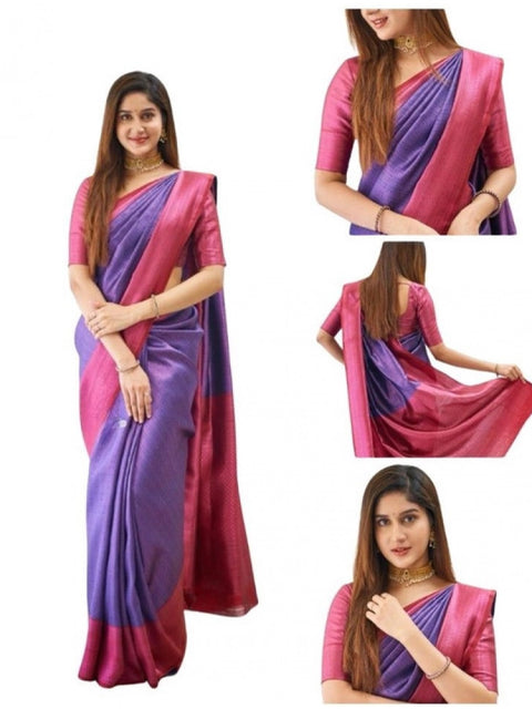 Women's Soft Lichi Silk Printed Saree With Unstitched Blouse 5.5Mtr (Purple)