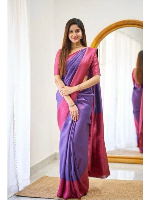 Women's Soft Lichi Silk Printed Saree With Unstitched Blouse 5.5Mtr (Purple)