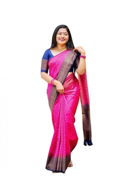 Women's Soft Lichi Silk Printed Saree With Unstitched Blouse 5.5Mtr (Pink)