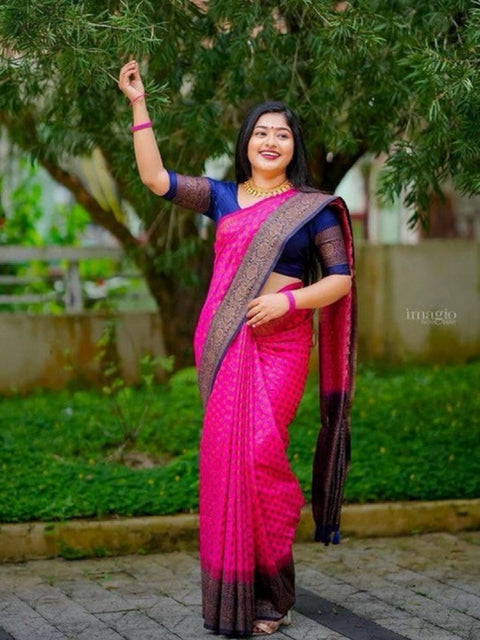Women's Soft Lichi Silk Printed Saree With Unstitched Blouse 5.5Mtr (Pink)