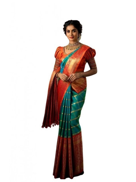 Women's Soft Lichi Silk Printed Saree With Unstitched Blouse 5.5Mtr (Green)