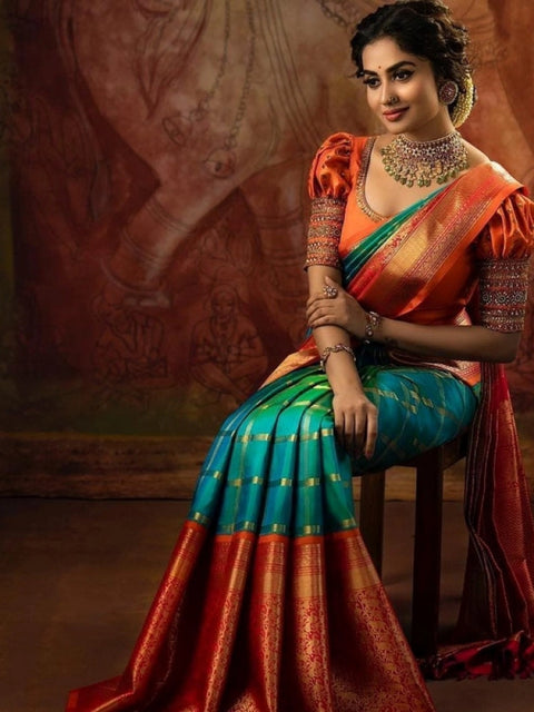 Women's Soft Lichi Silk Printed Saree With Unstitched Blouse 5.5Mtr (Green)