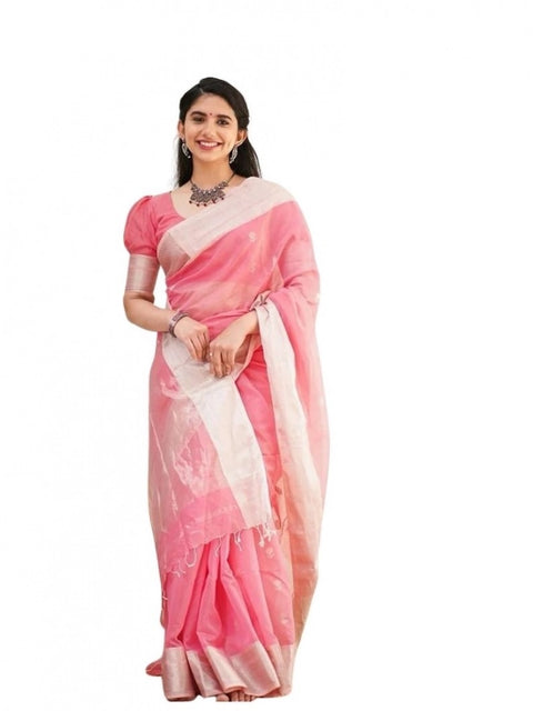 Women's Soft Lichi Silk Printed Saree With Unstitched Blouse 5.5Mtr (Pink)