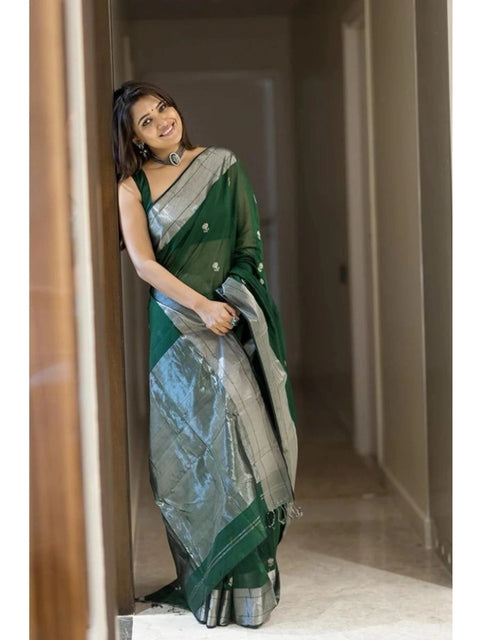 Women's Soft Lichi Silk Printed Saree With Unstitched Blouse 5.5Mtr (Green)