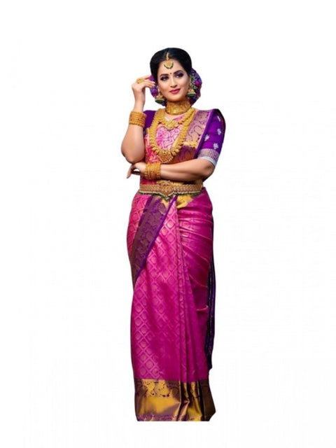 Women's Soft Lichi Silk Printed Saree With Unstitched Blouse 5.5Mtr (Pink)