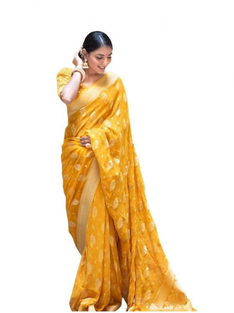 Women's Soft Lichi Silk Printed Saree With Unstitched Blouse 5.5Mtr (Yellow)