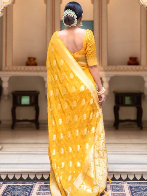 Women's Soft Lichi Silk Printed Saree With Unstitched Blouse 5.5Mtr (Yellow)