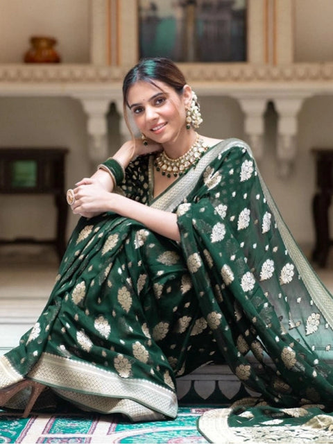 Women's Soft Lichi Silk Printed Saree With Unstitched Blouse 5.5Mtr (Green)