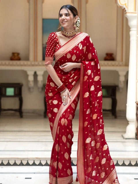 Women's Soft Lichi Silk Printed Saree With Unstitched Blouse 5.5Mtr (Red)
