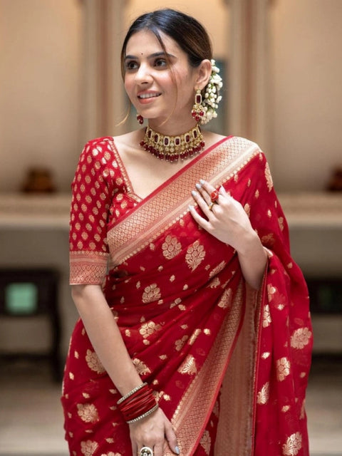 Women's Soft Lichi Silk Printed Saree With Unstitched Blouse 5.5Mtr (Red)