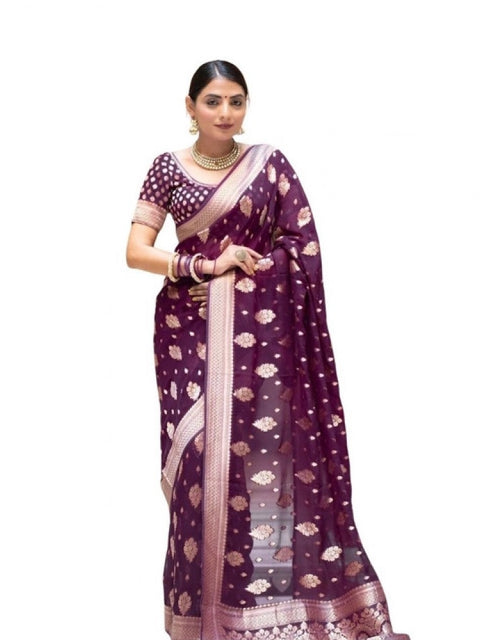 Women's Soft Lichi Silk Printed Saree With Unstitched Blouse 5.5Mtr (Purple)