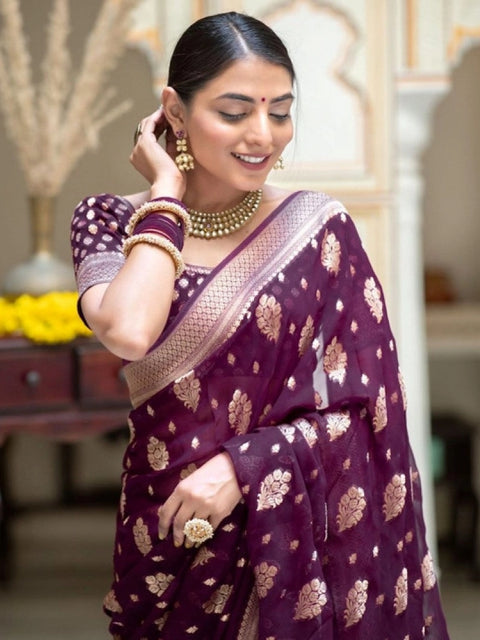 Women's Soft Lichi Silk Printed Saree With Unstitched Blouse 5.5Mtr (Purple)