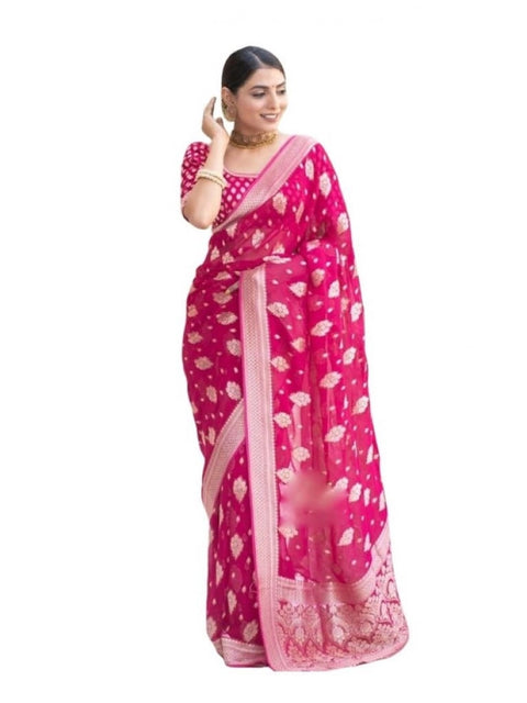 Women's Soft Lichi Silk Printed Saree With Unstitched Blouse 5.5Mtr (Pink)