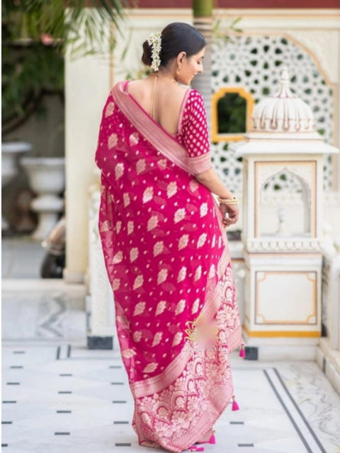 Women's Soft Lichi Silk Printed Saree With Unstitched Blouse 5.5Mtr (Pink)