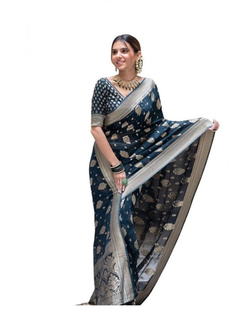 Women's Soft Lichi Silk Printed Saree With Unstitched Blouse 5.5Mtr (Blue)