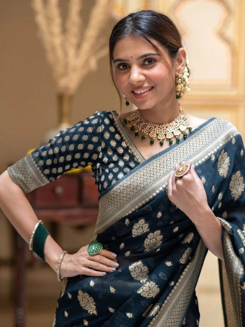 Women's Soft Lichi Silk Printed Saree With Unstitched Blouse 5.5Mtr (Blue)