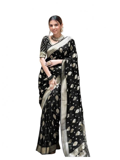 Women's Soft Lichi Silk Printed Saree With Unstitched Blouse 5.5Mtr (Black)