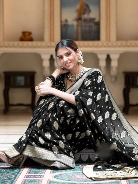 Women's Soft Lichi Silk Printed Saree With Unstitched Blouse 5.5Mtr (Black)