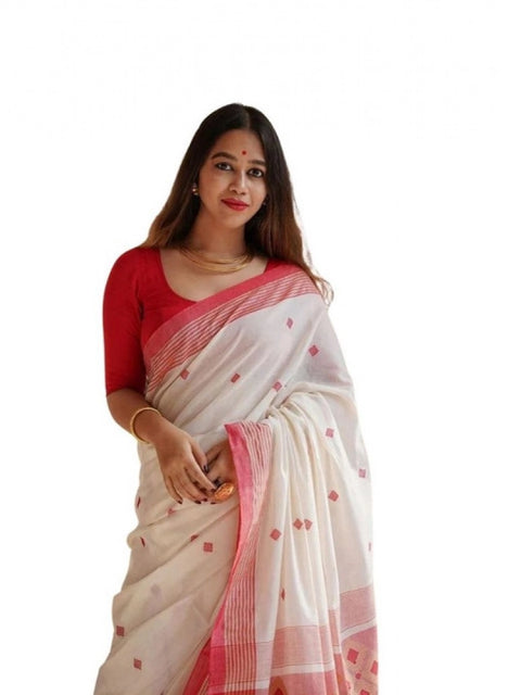 Women's Soft Lilan Printed Saree With Unstitched Blouse 5.5Mtr (White)