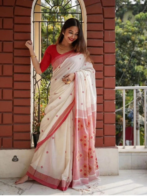 Women's Soft Lilan Printed Saree With Unstitched Blouse 5.5Mtr (White)