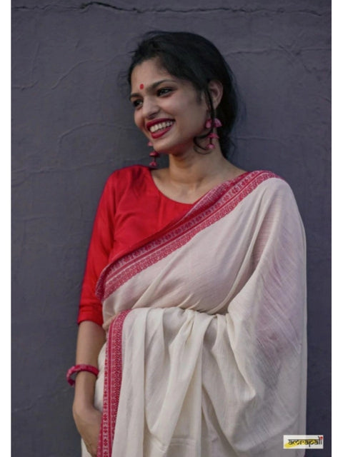 Women's Soft Lilan Printed Saree With Unstitched Blouse 5.5Mtr (White)