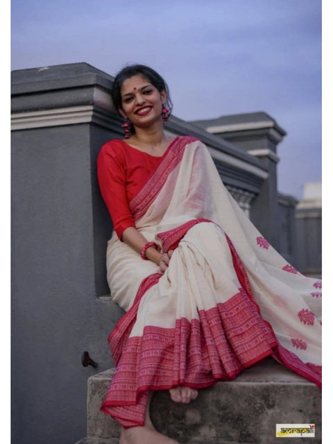 Women's Soft Lilan Printed Saree With Unstitched Blouse 5.5Mtr (White)