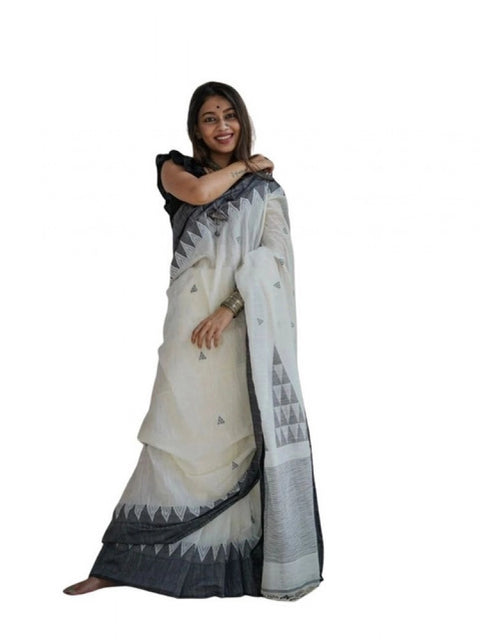 Women's Soft Lilan Printed Saree With Unstitched Blouse 5.5Mtr (White-Black)