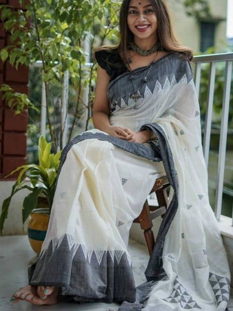 Women's Soft Lilan Printed Saree With Unstitched Blouse 5.5Mtr (White-Black)