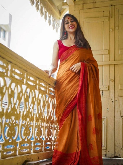 Women's Soft Lilan Printed Saree With Unstitched Blouse 5.5Mtr (Mustard )