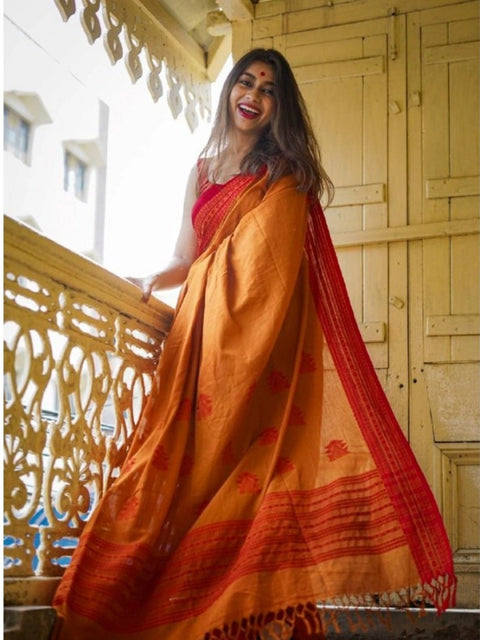 Women's Soft Lilan Printed Saree With Unstitched Blouse 5.5Mtr (Mustard )
